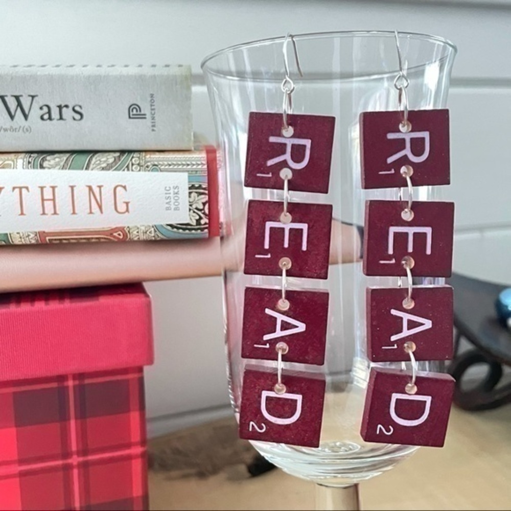 $10 SALE Handmade Scrabble Letter Tile Earring READ Maroon 4” Upcycle Library